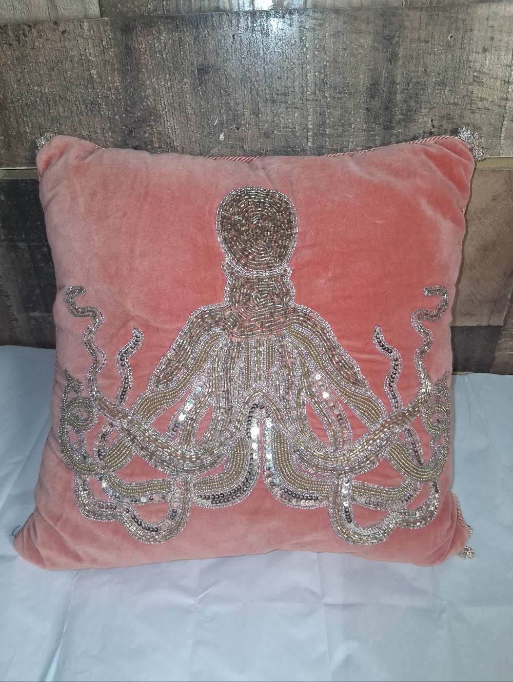 Pier 1 Beaded Octopus Pillow 16x16 Velveteen Coastal Coral/Gold